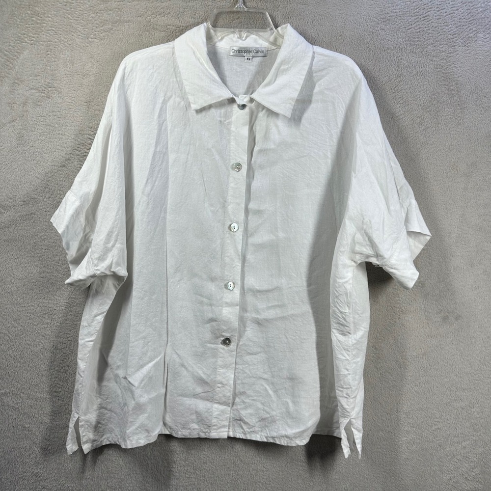 Christopher Calvin Linen Button Up Women 1X White Short Sleeve Relaxed Blouse